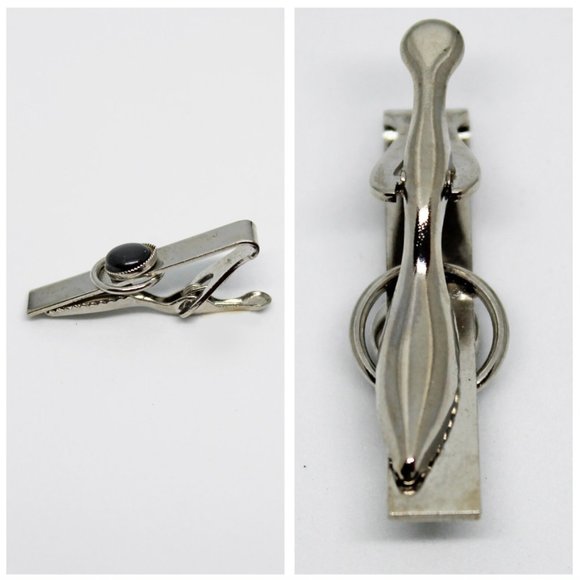 Vintage Silver & Black Circle Cabachon Rectangle Tie Clip VTG Father's Day Gift - Picture 5 of 9